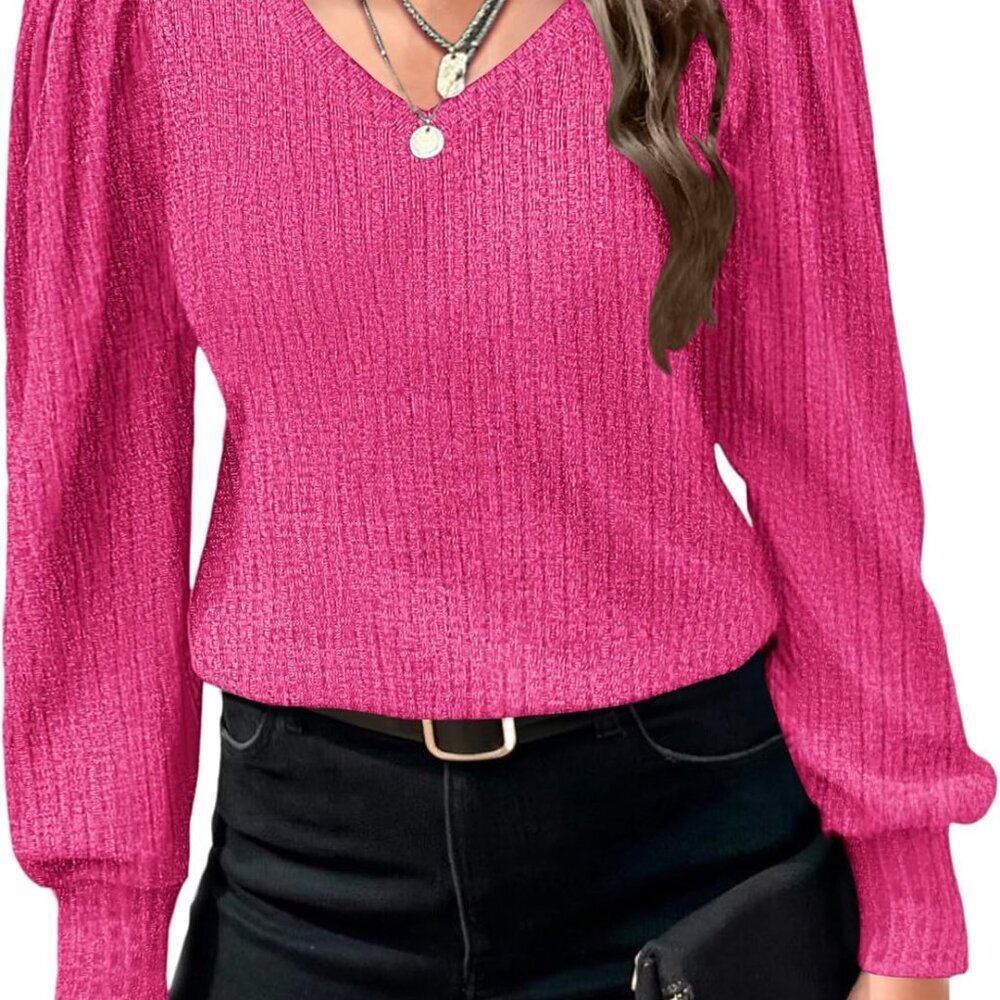 Women's Knit Blouse Long Sleeve V-Neck Puff Sleeve Lightweight Polyester